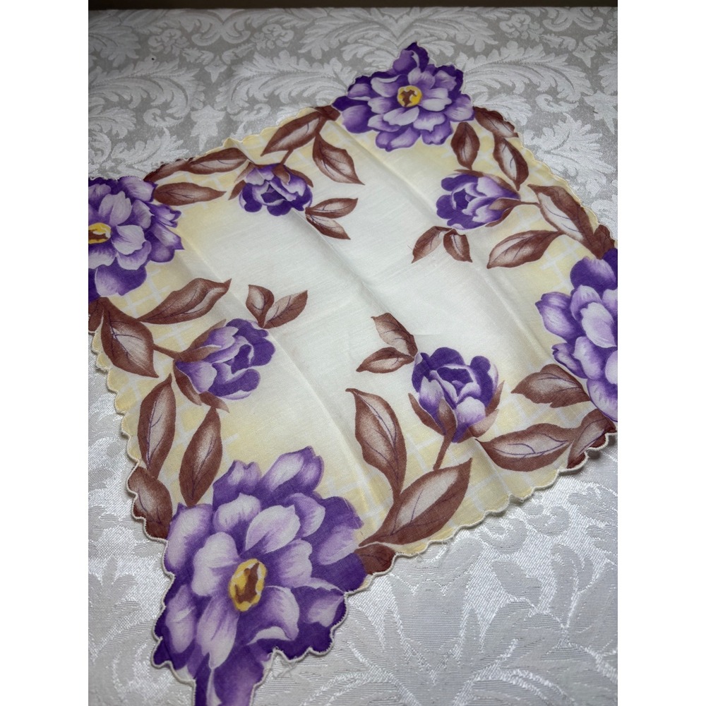 Vintage Mid Century Purple Peony Floral Handkerchief Scalloped Edge Cotton Hanky